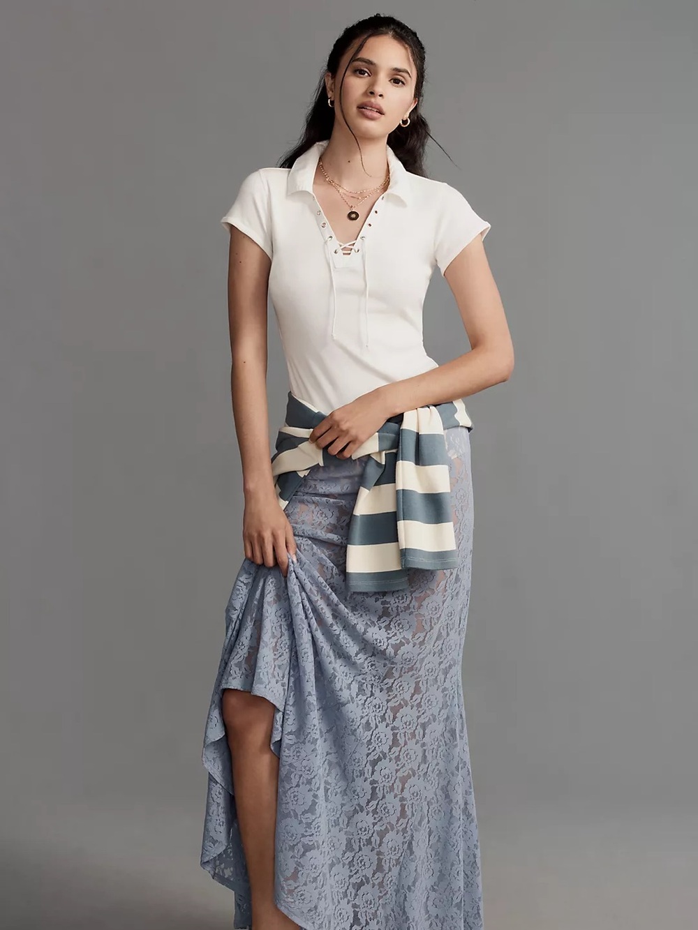 NWT Anthropologie Pilcro Collared Lace-Up Baby Tee White Polo Crop Top Medium